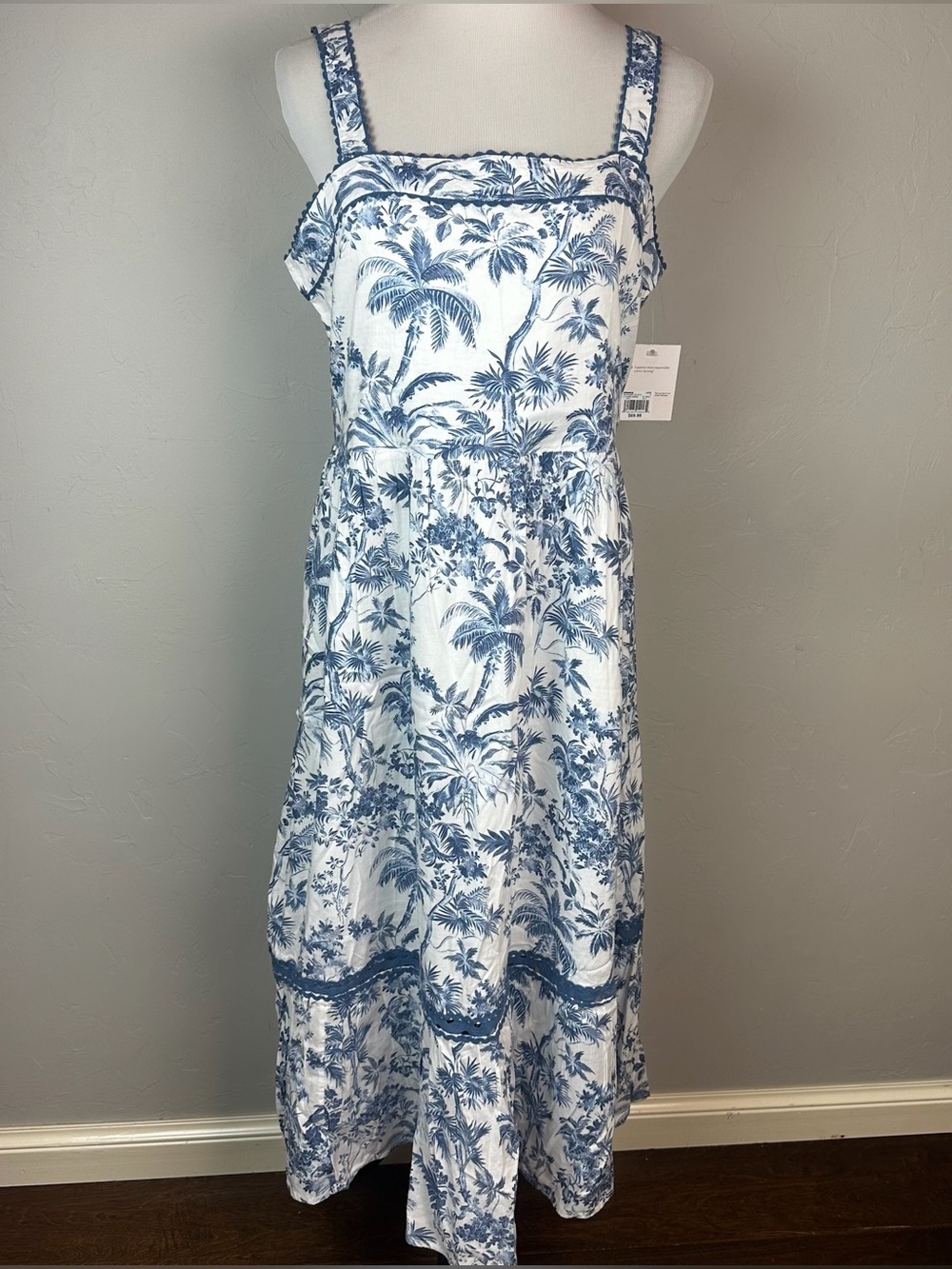 LC Lauren Conrad Blue White Tropical Toile Smocked Midi Dress NWT L